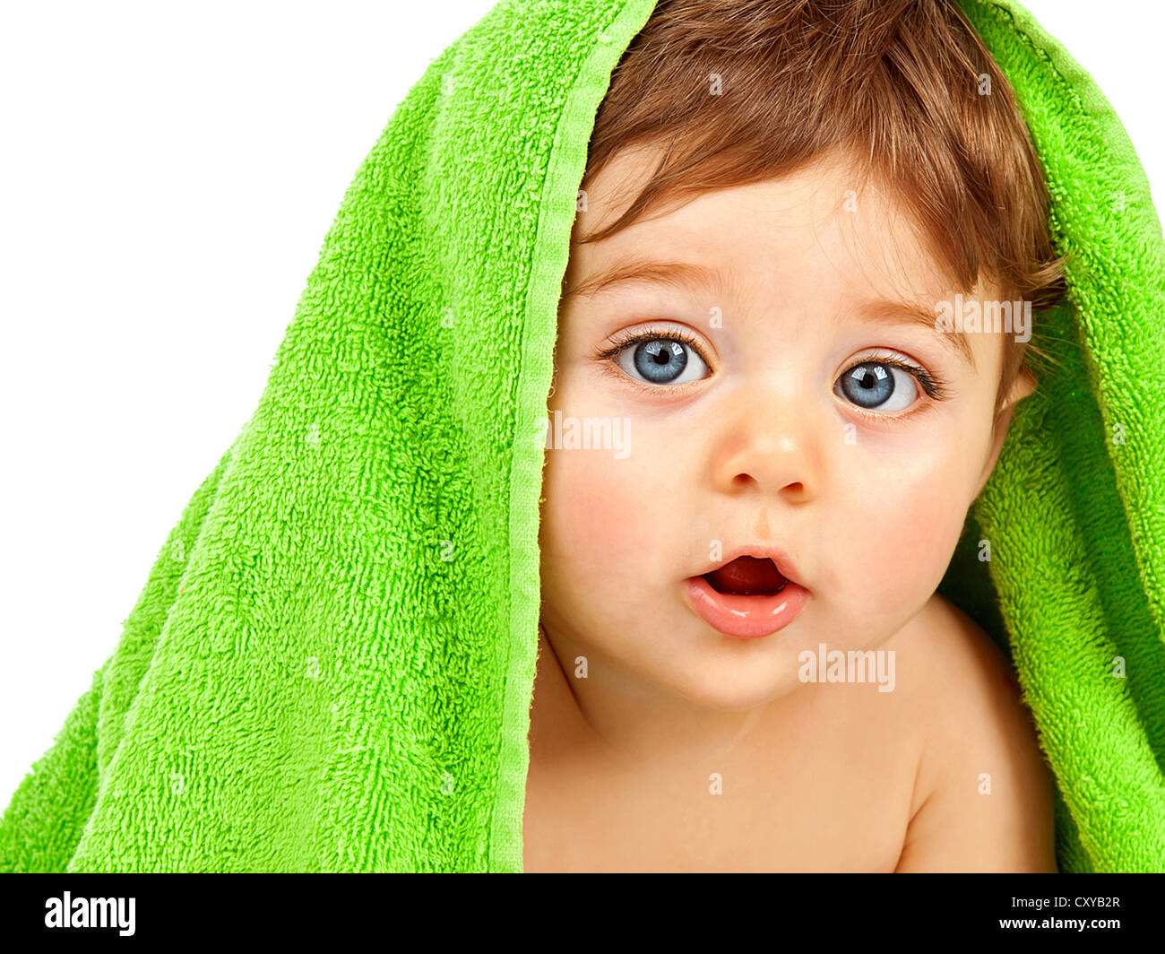 Image of cute baby boy covered green towel isolated on white ...