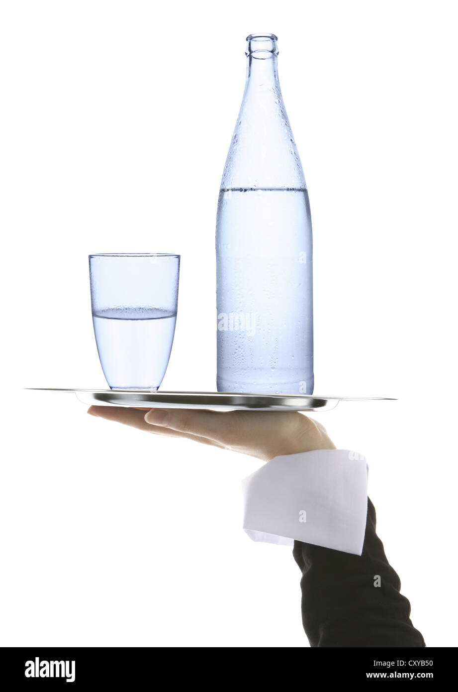 Mineral water, tray, glass, bottle, being served Stock Photo Alamy