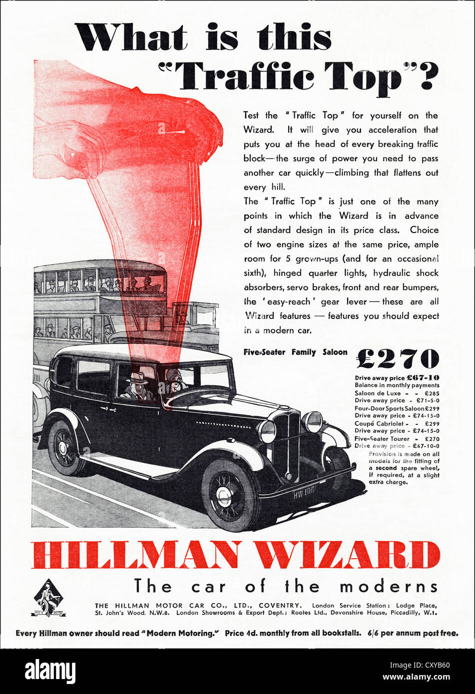 Original 1930s vintage print advertisement from English consumer magazine advertising Hillman Wizard saloon car Stock Photo