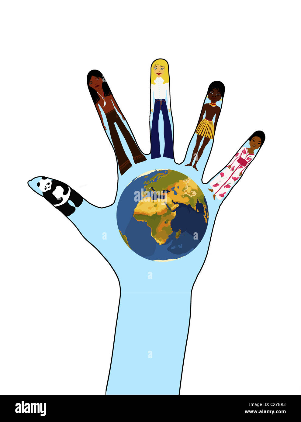 Different nationalities, a Native American, an European, an African, an Asian, a giant panda and the earth painted on a hand Stock Photo