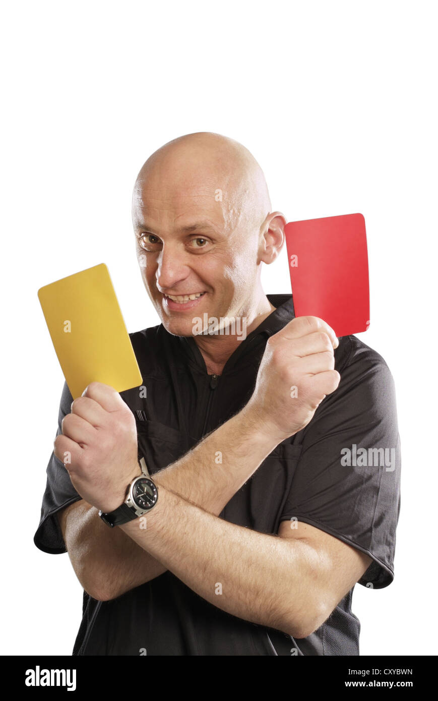 Referee holding red and yellow cards Stock Photo Alamy