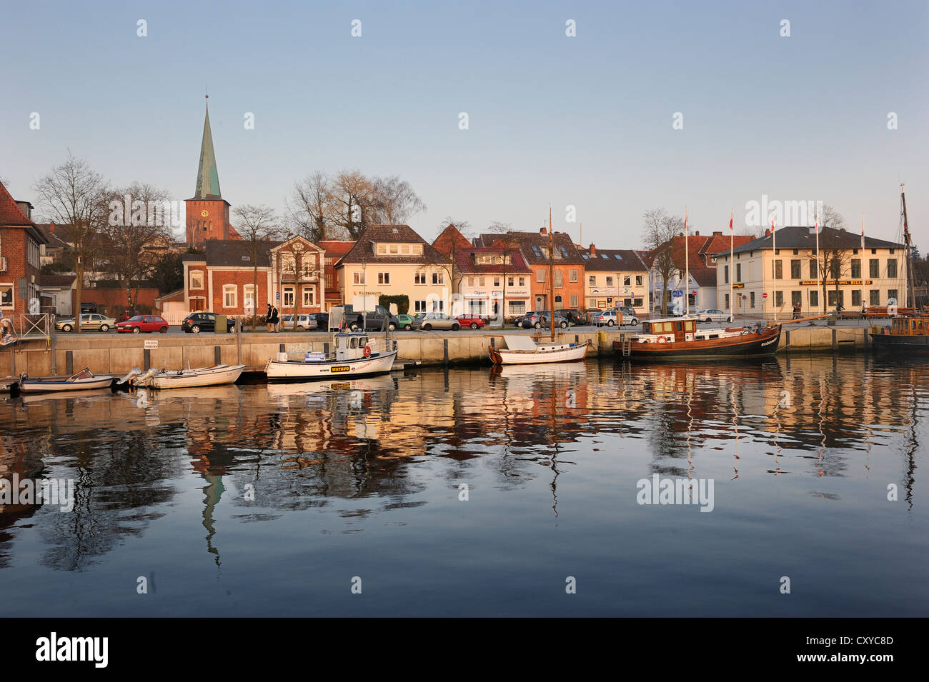 Evening mood with the harbour and the town church of Neustadt in Holstein, Schleswig-Holstein Stock Photo