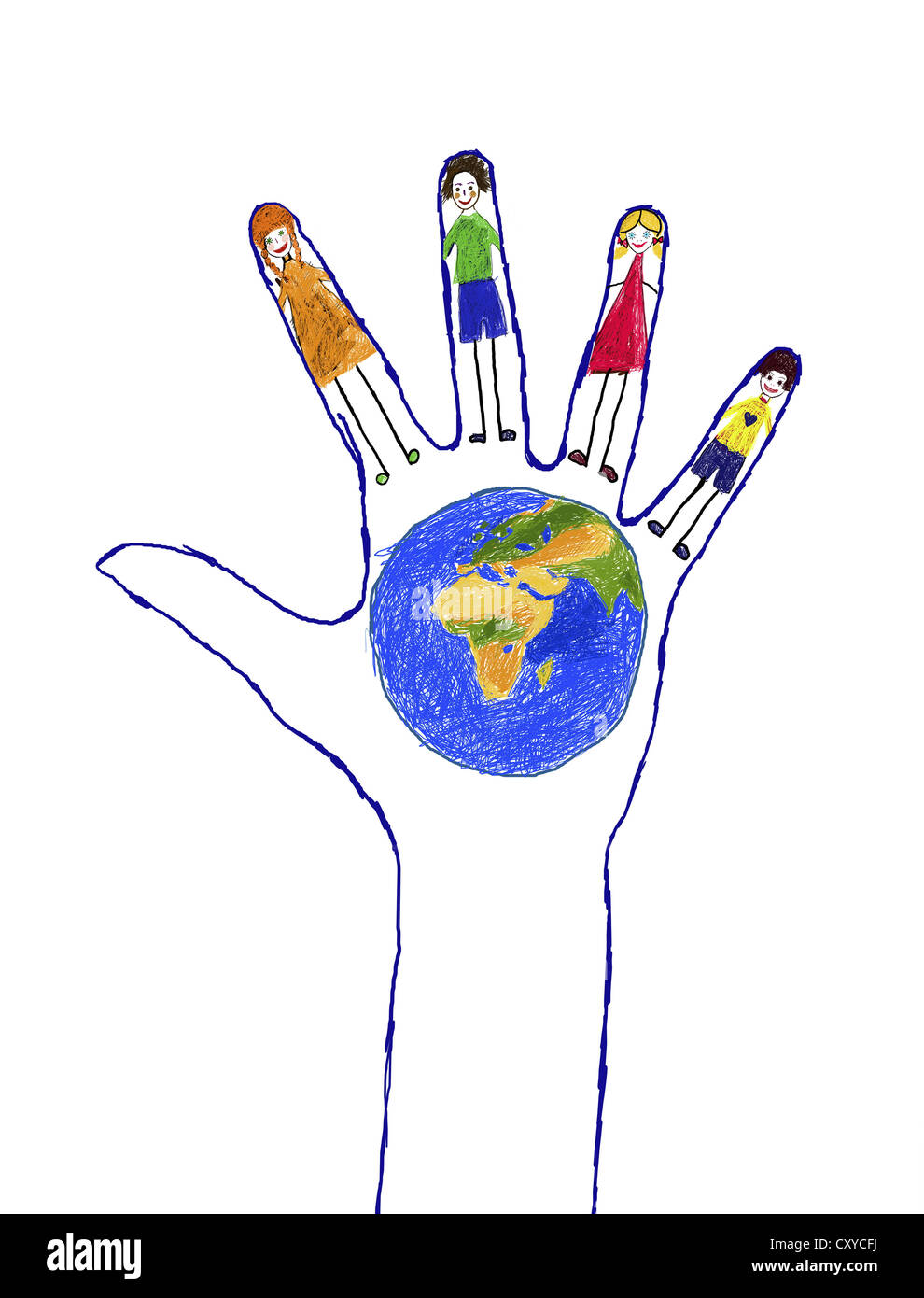 Children and a globe painted on a hand, drawing Stock Photo