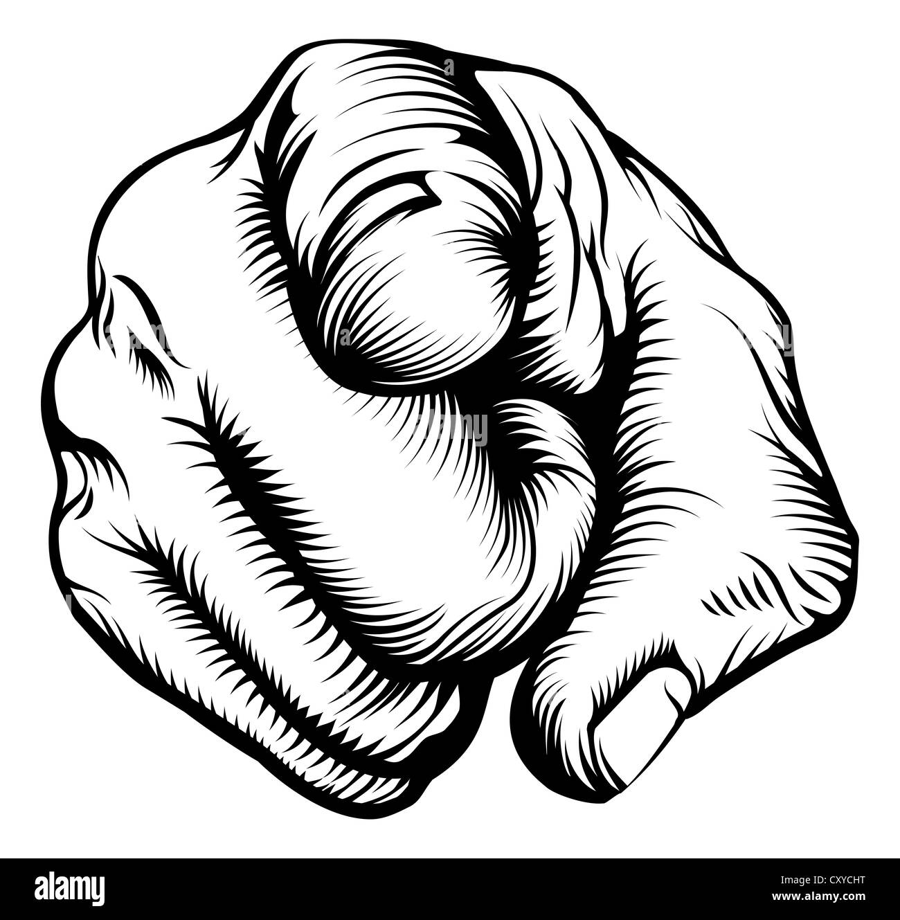 Retro black woodcut print style hand pointing finger at viewer, from
