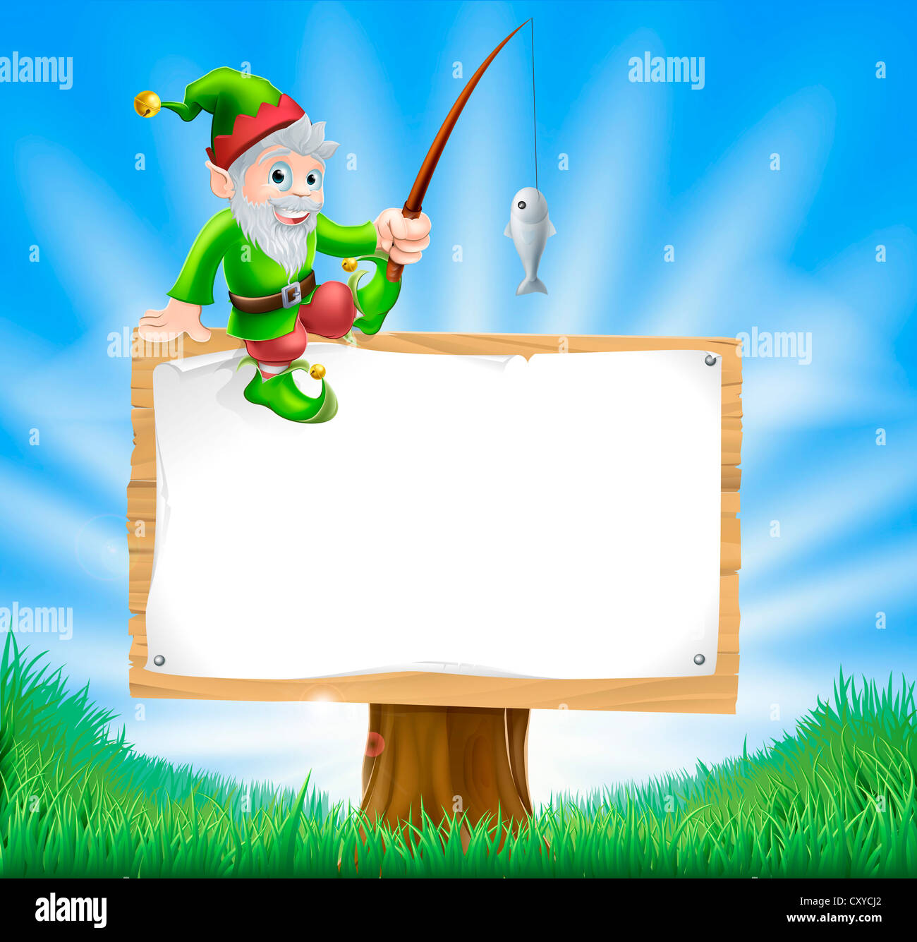 Illustration of a happy garden gnome or elf sitting on a sign holding a fishing rod Stock Photo