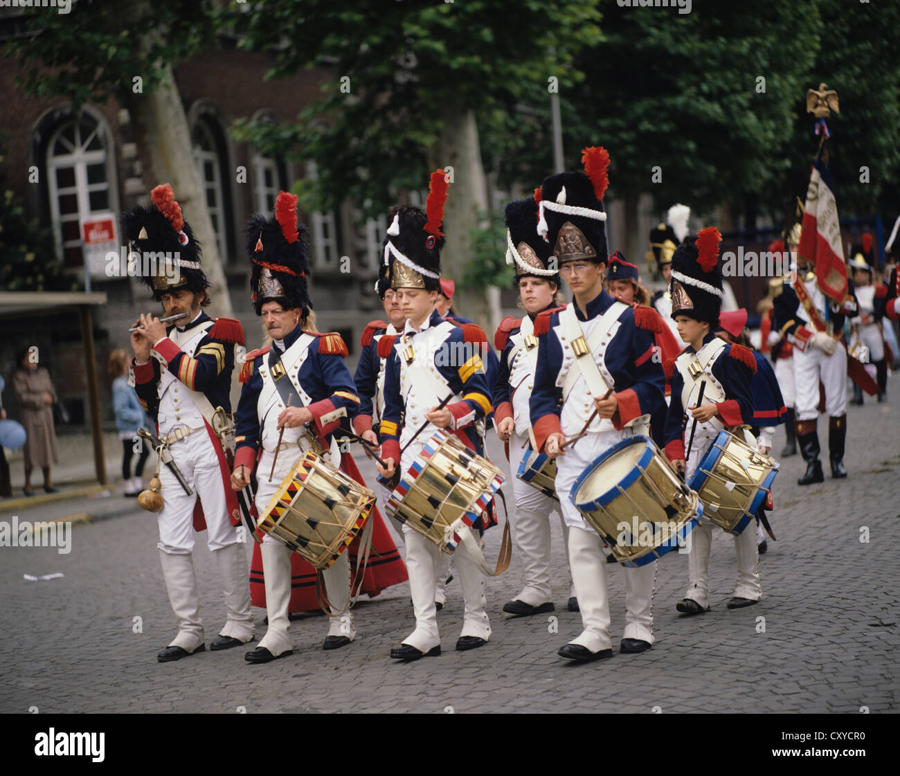 Belgium. Folklore Festival. Military drum band marching in period costume. Stock Photo
