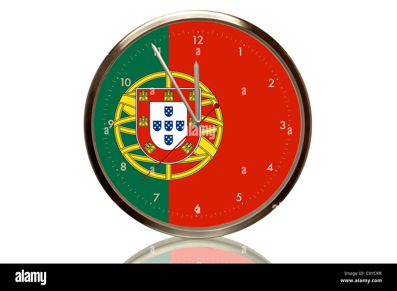 Clock with the Portuguese flag, 5 minutes to twelve, eleventh hour, symbolic image for the euro crisis Stock Photo