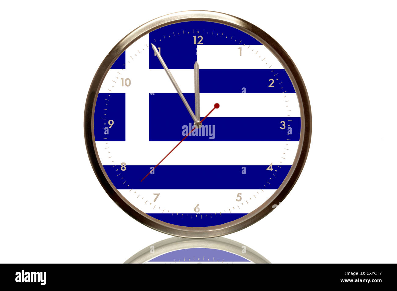 Clock with the Greek national flag, 5 minutes to twelve, eleventh hour, symbolic image for the euro crisis Stock Photo
