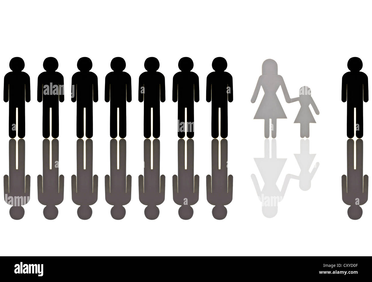 Row of black male pictogram figures with a single grey female figure with a child, symbolic image for discrimination in Stock Photo