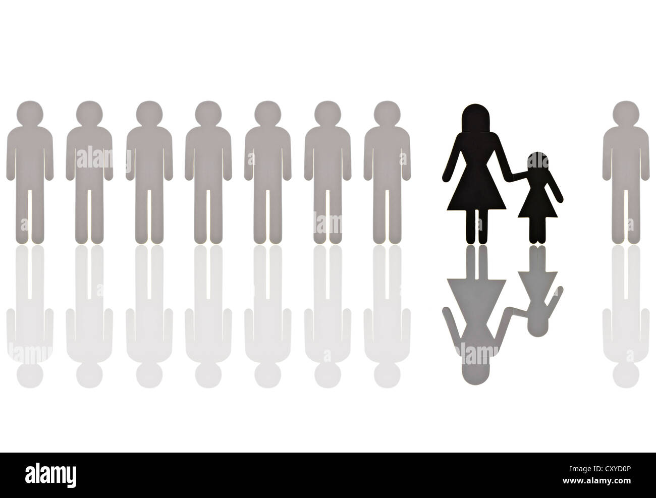Row of grey male pictogram figures with a single black female figure with a child, symbolic image for discrimination in Stock Photo