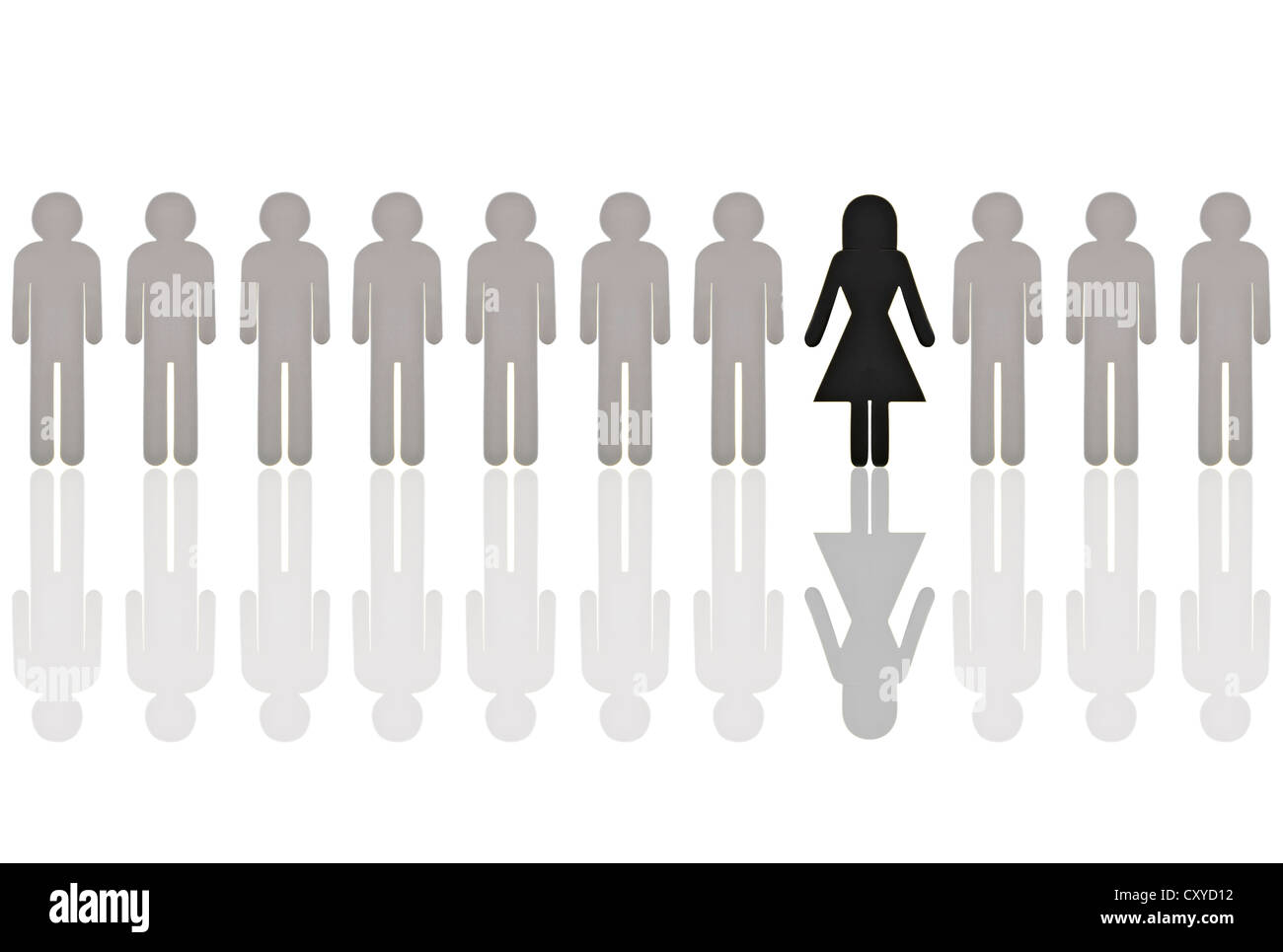 Row of grey male pictogram figures with a single black female figure, symbolic image for a women's quota Stock Photo