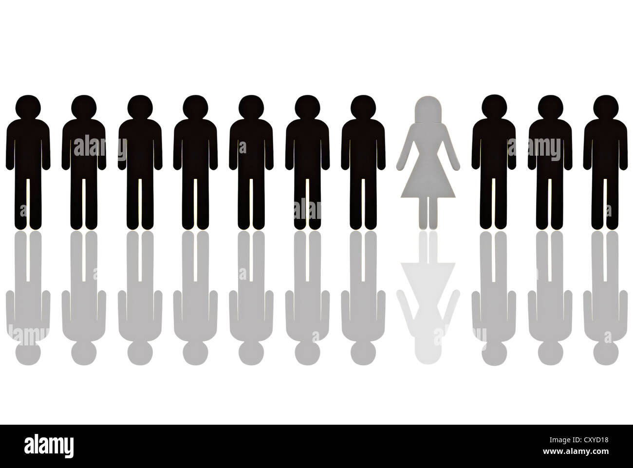Row of black male pictogram figures with a single grey female figure, symbolic image for a women's quota Stock Photo
