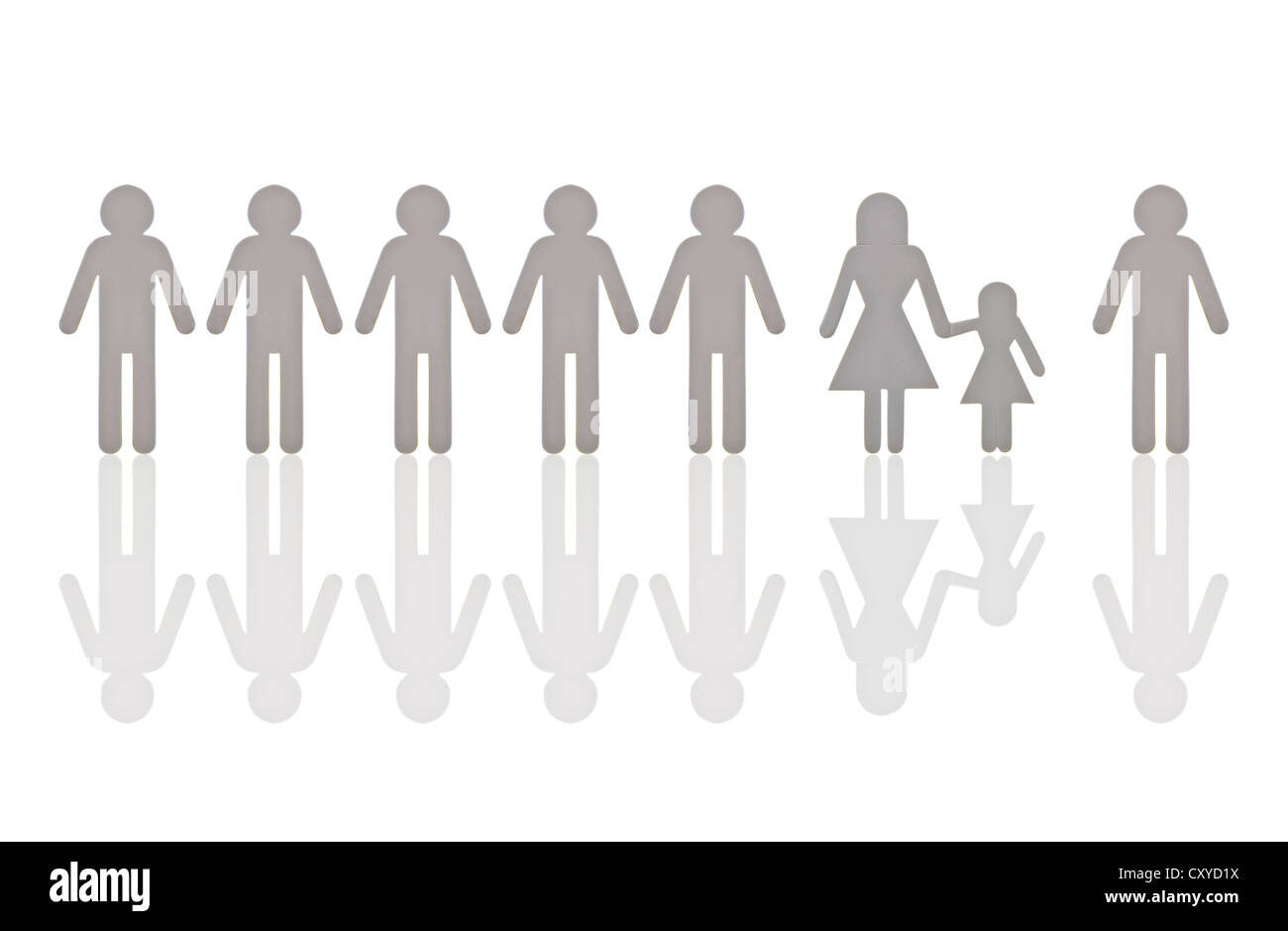 Row of male pictogram figures, with a single female figure with a child, symbolic image for discrimination in employment because Stock Photo