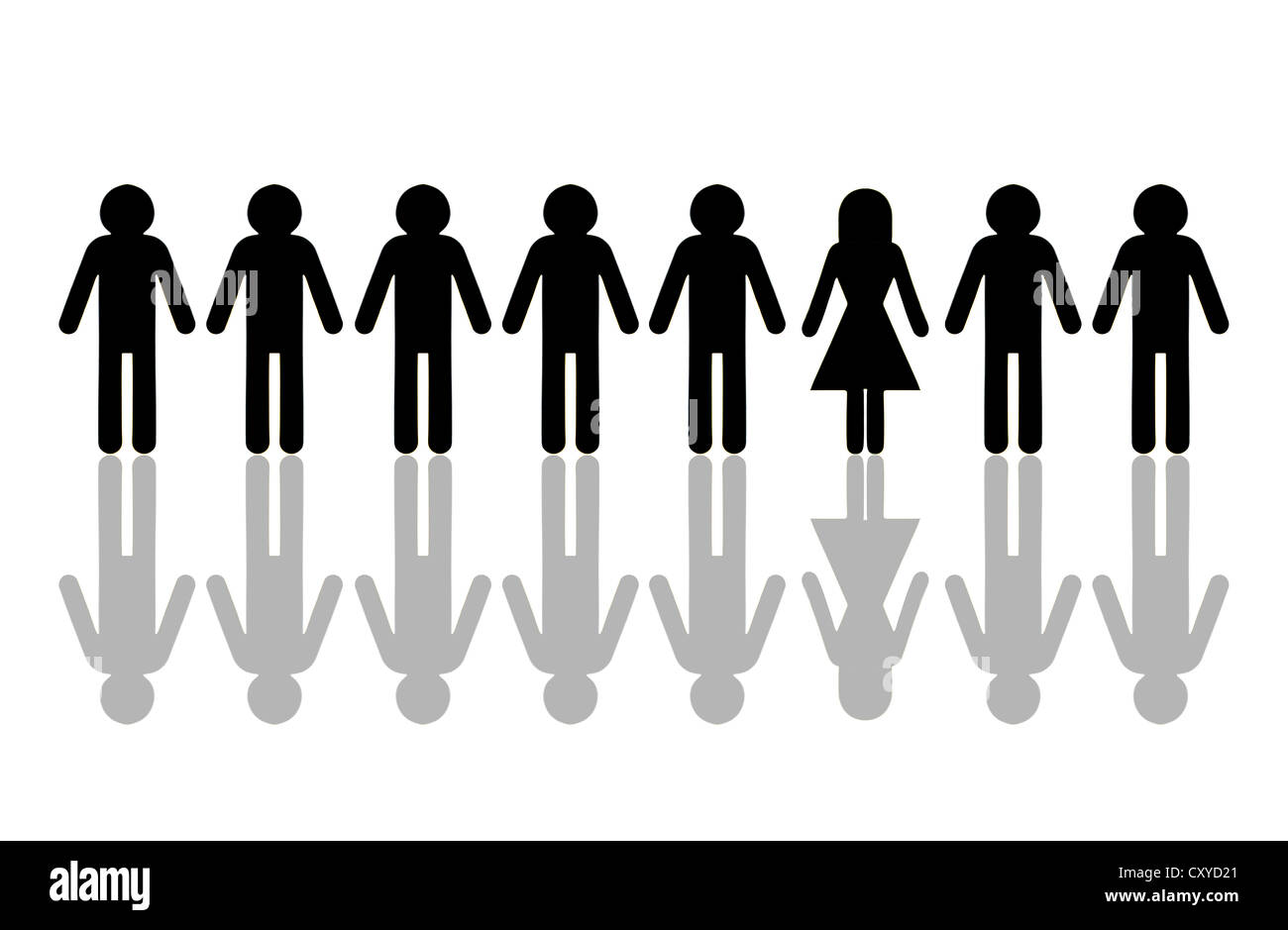 Row of male pictogram figures, with a single female figure, symbolic image for women's quota Stock Photo