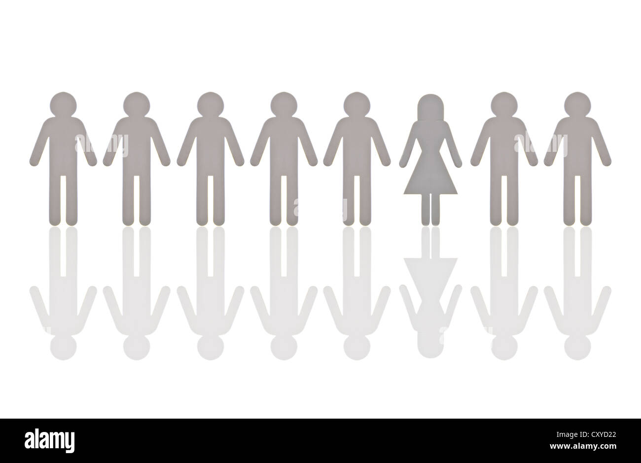 Row of male pictogram figures, with a single female figure, symbolic image for women's quota Stock Photo