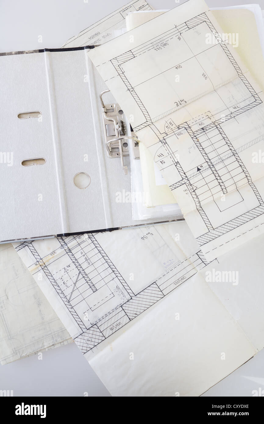 Architectural plans of the old paper tracing paper and file with the project Stock Photo Alamy