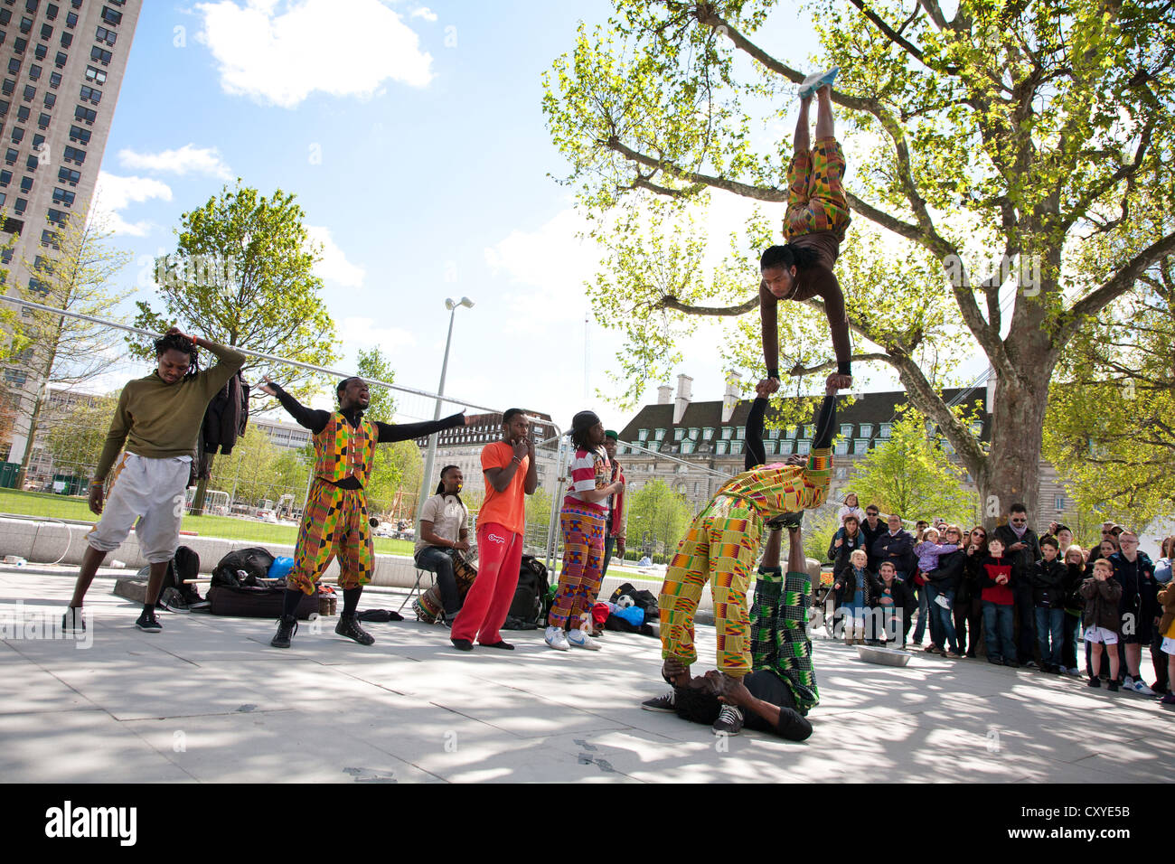 England. London. South Bank. African street performers. Acrobatics. Stock Photo