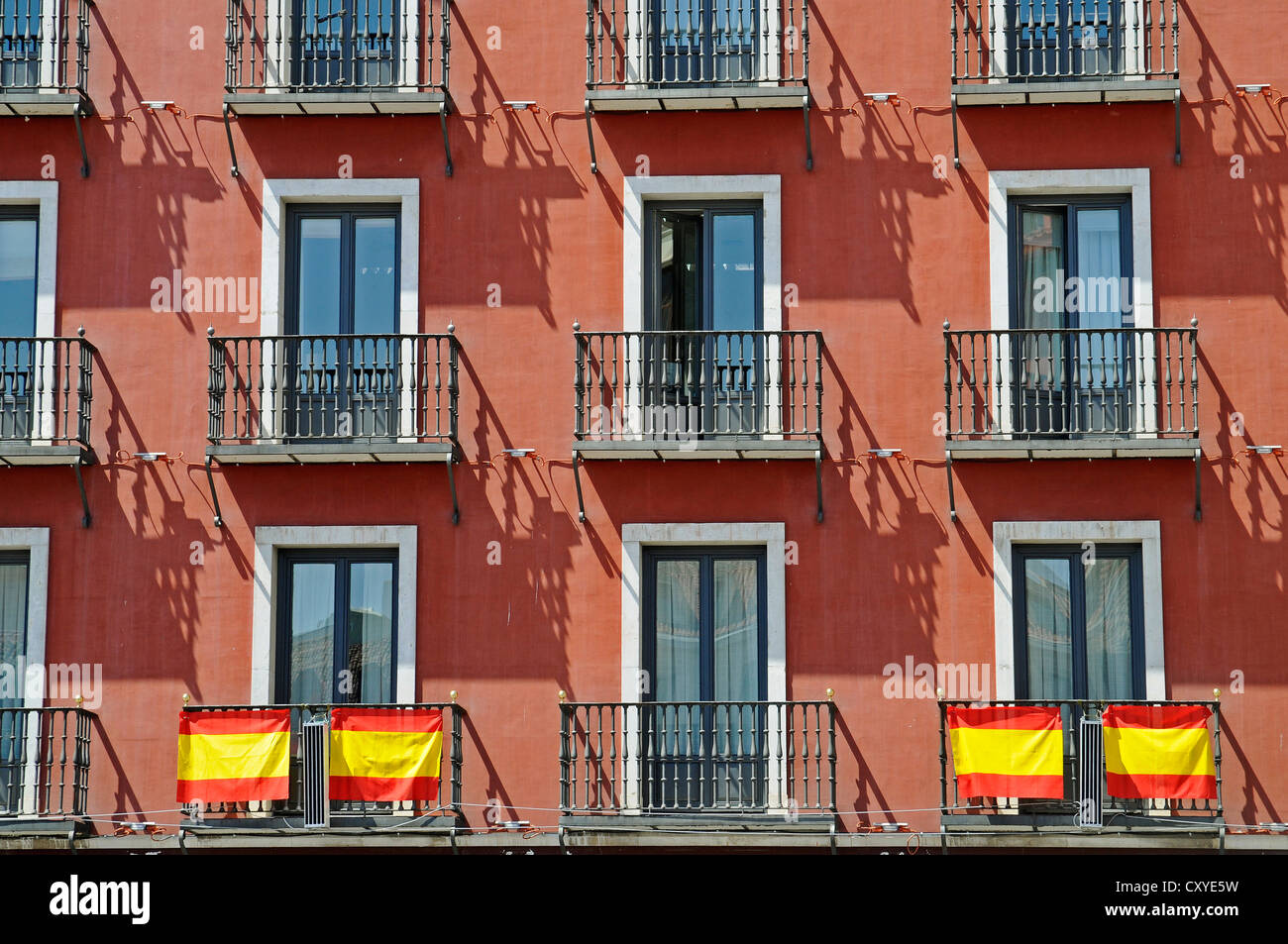 Balconies, facade, Spanish flags, Plaza Mayor, Valladolid, Castile and León, Spain, Europe, PublicGround Stock Photo