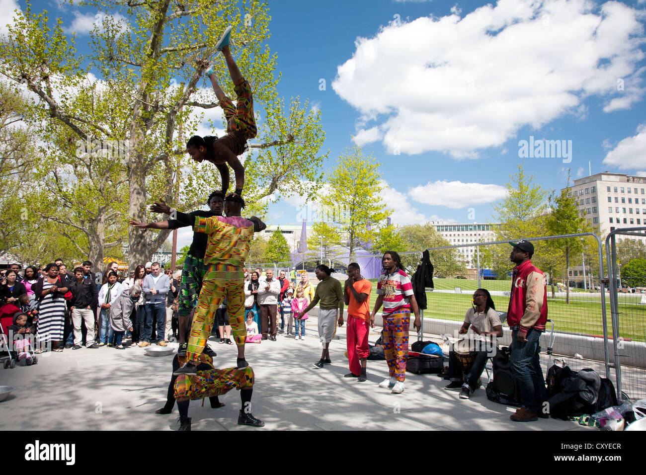 England. London. South Bank. African street performers. Acrobatics. Stock Photo