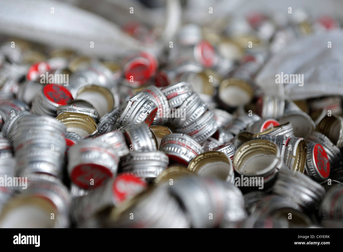 Aluminium screw caps in a recycling plant, San José, Costa Rica, Latin America, Central America Stock Photo