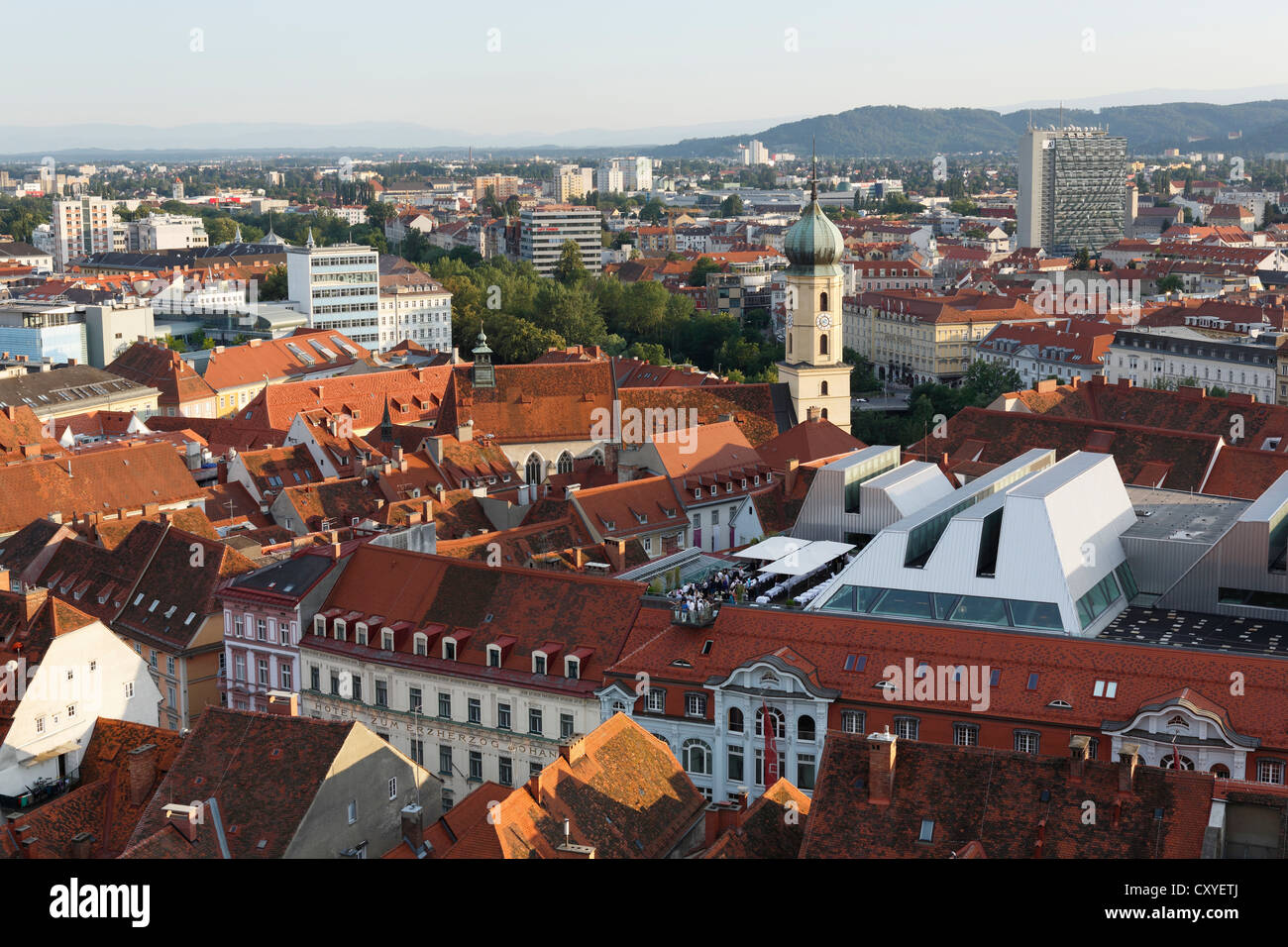 View from Schlossberg, castle hill, Café Lounge on the roof of Kastner and Oehler, Franciscan Church, Graz, Styria, Austria Stock Photo