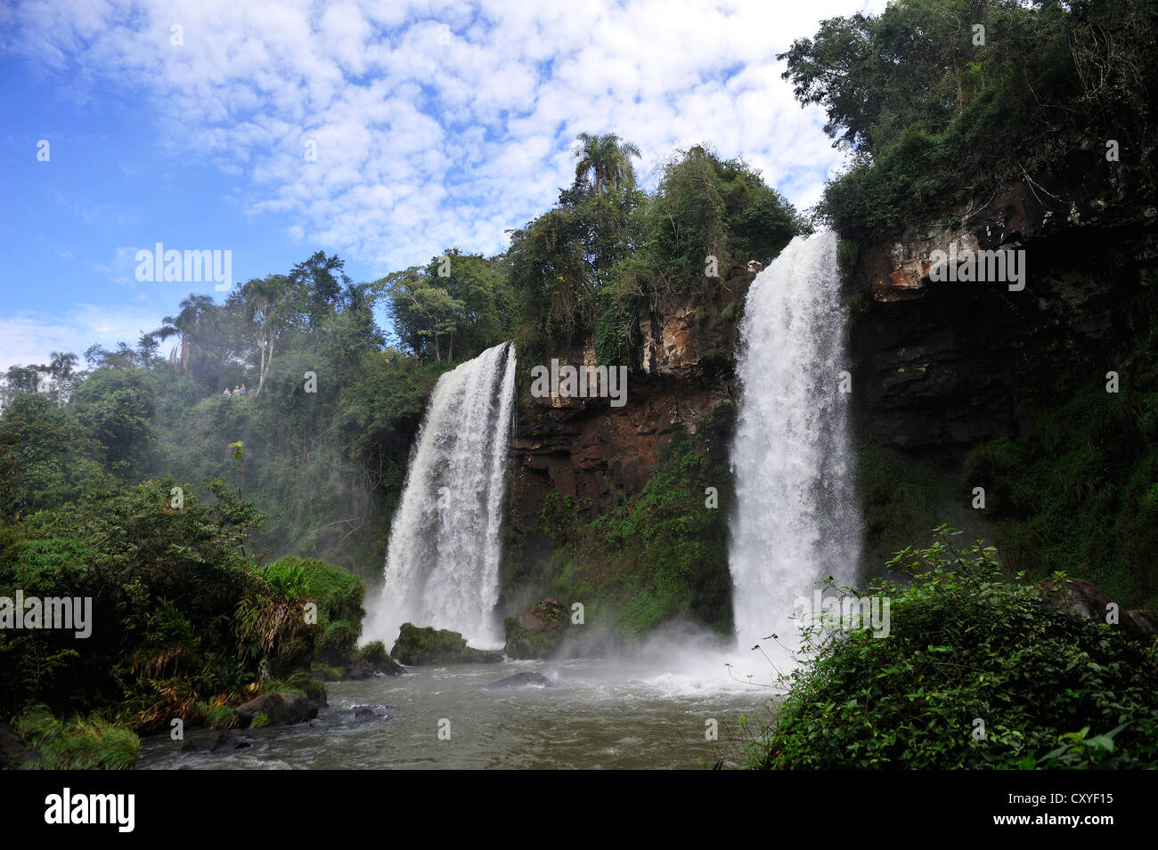 Two cascades, Iguazu or Iguacu Falls, UNESCO World Heritage Site, at the border of Brazil and Argentina Stock Photo