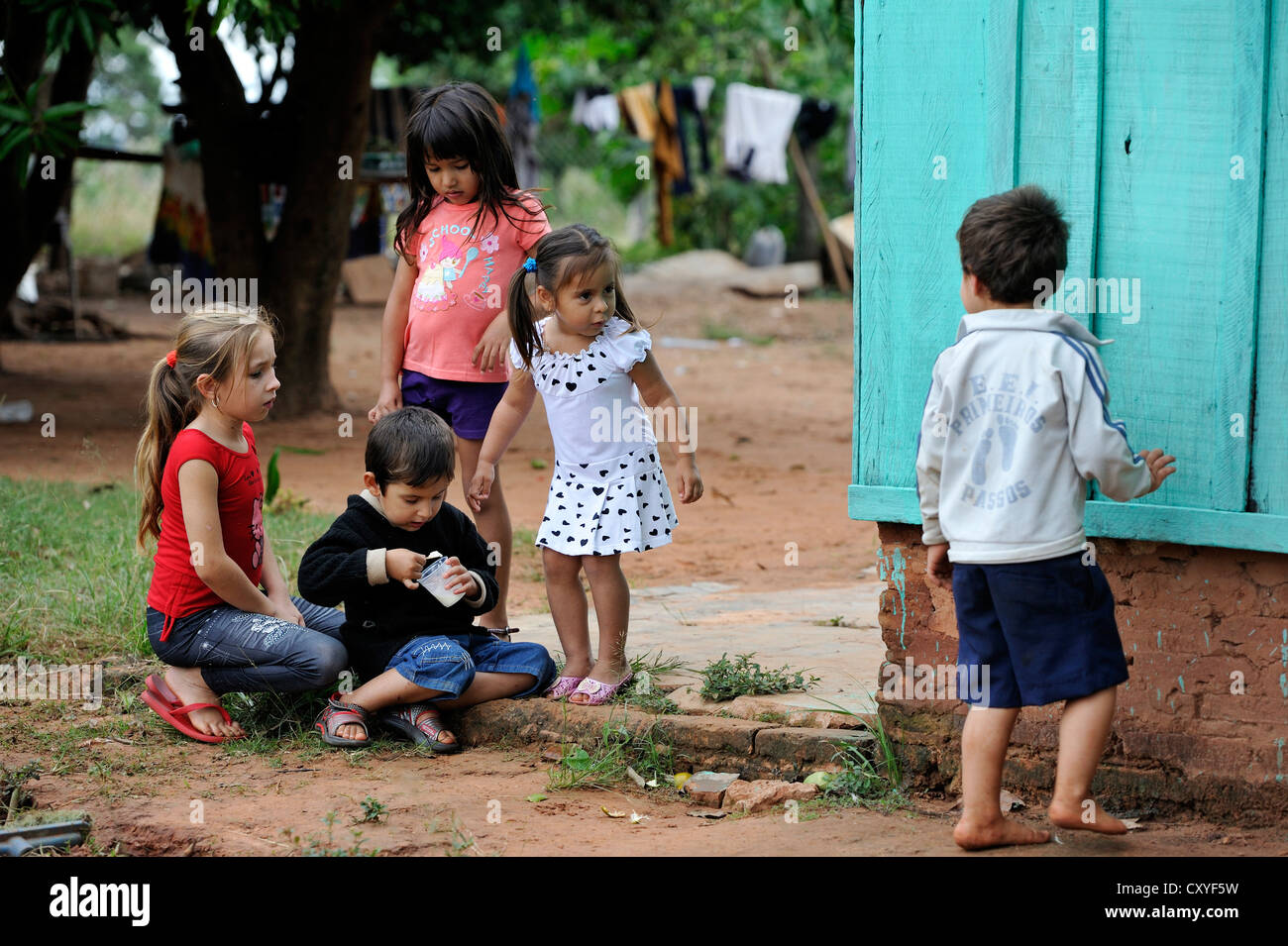 Children in the village Comunidad Vy'a Renda, Distrito Curuguaty, Departamento Canindeyu, Paraguay, South America Stock Photo