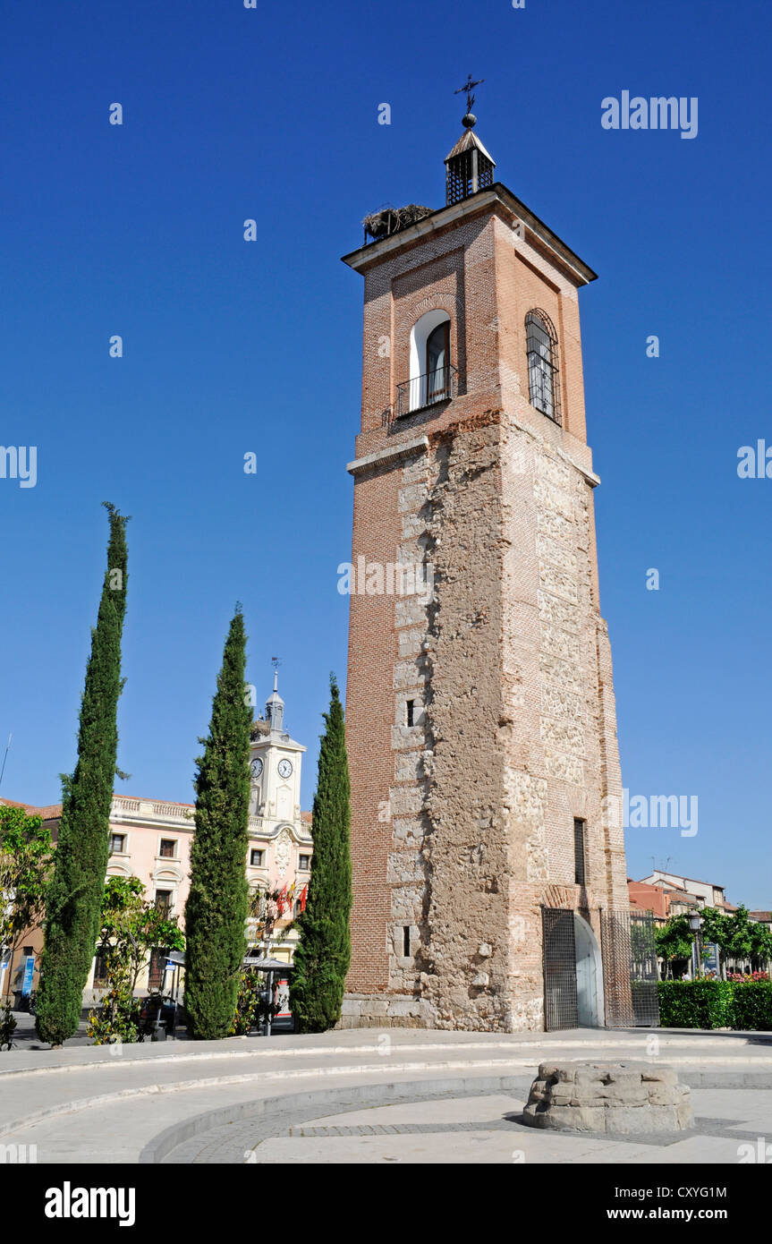 Torre de Santa Maria tower, church, Plaza de Cervantes square, Alcala de Henares, Spain, Europe Stock Photo