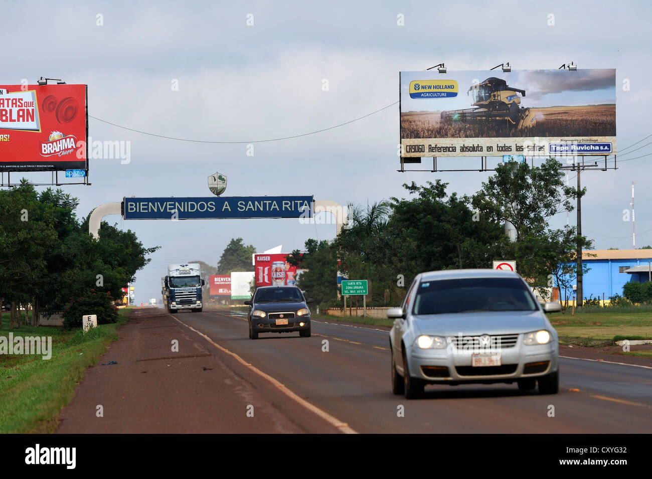 Small town of Santa Rita in Paraguay, controlled by Brazilian large-scale landowners and investors, advertising posters for Stock Photo