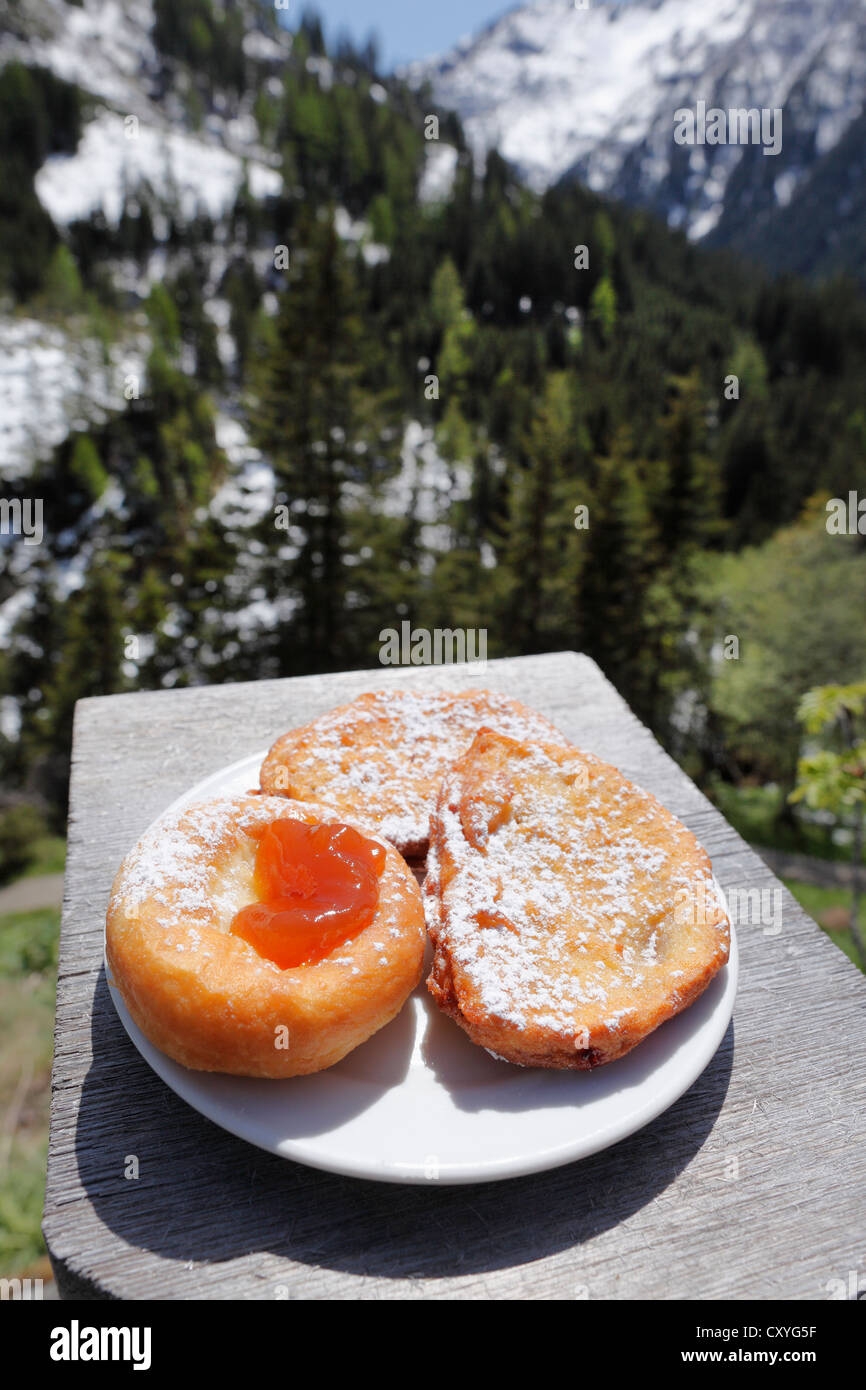 Donuts and plum fritters, Gfoelleralm restaurant, Soelktaeler Nature Park, Schladming Tauern mountains, Upper Styria, Styria Stock Photo