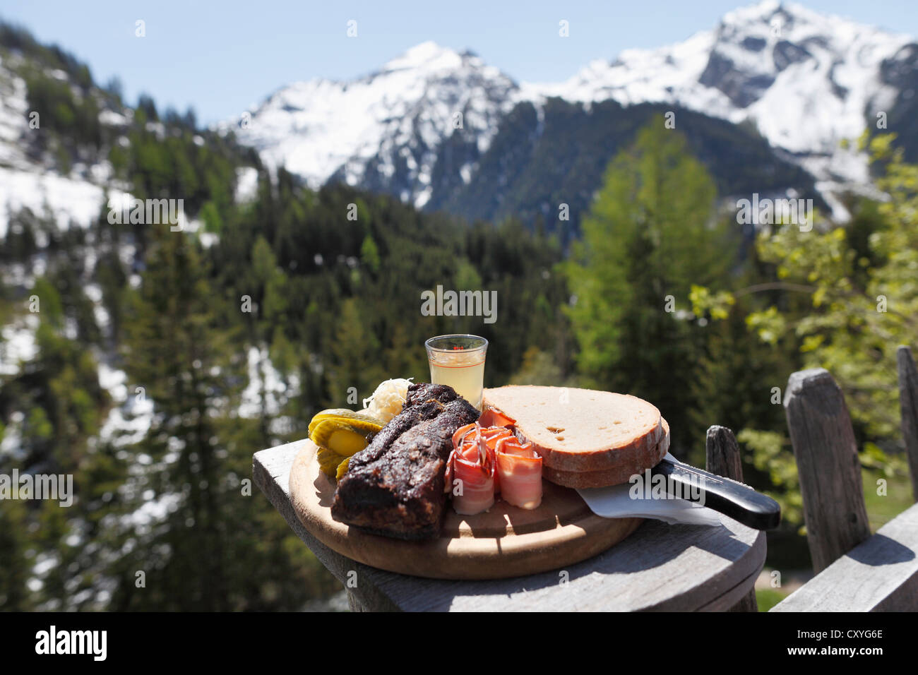 Bacon snack at Gfoelleralm restaurant, Soelktaeler Nature Park, Schladming Tauern mountains, Upper Stryria, Styria, Austria Stock Photo