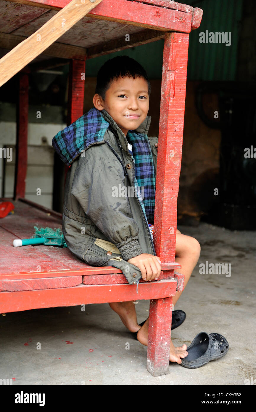 Boy sitting beneath a wooden counter, El Bucaro slum, Guatemala City, Guatemala, Central America Stock Photo