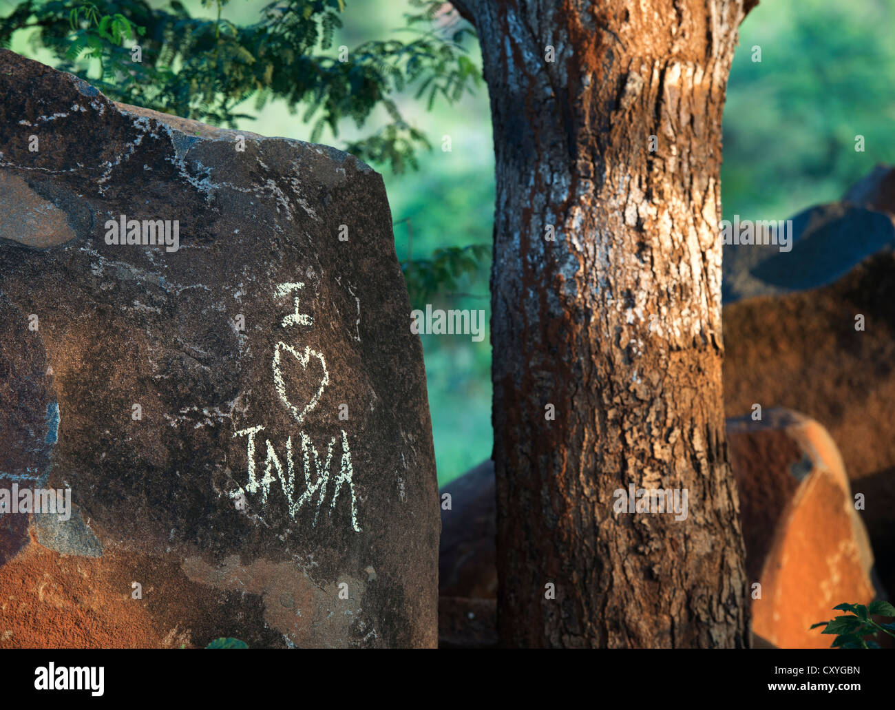 I Love India, chalked on a rock in the indian countryside. Andhra Pradesh, India Stock Photo