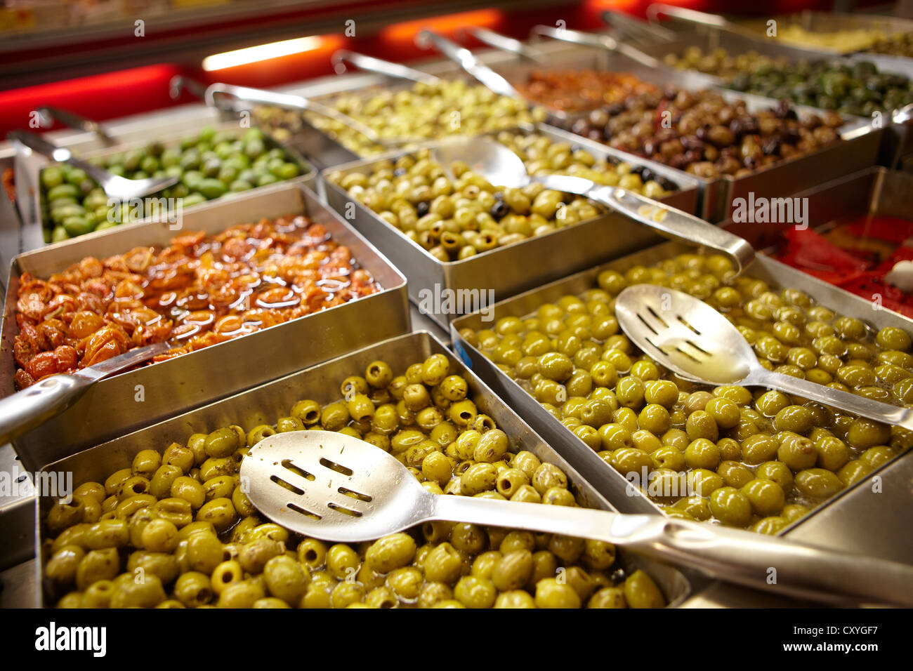 organic deli delicatessen food counter and salad bar Stock Photo