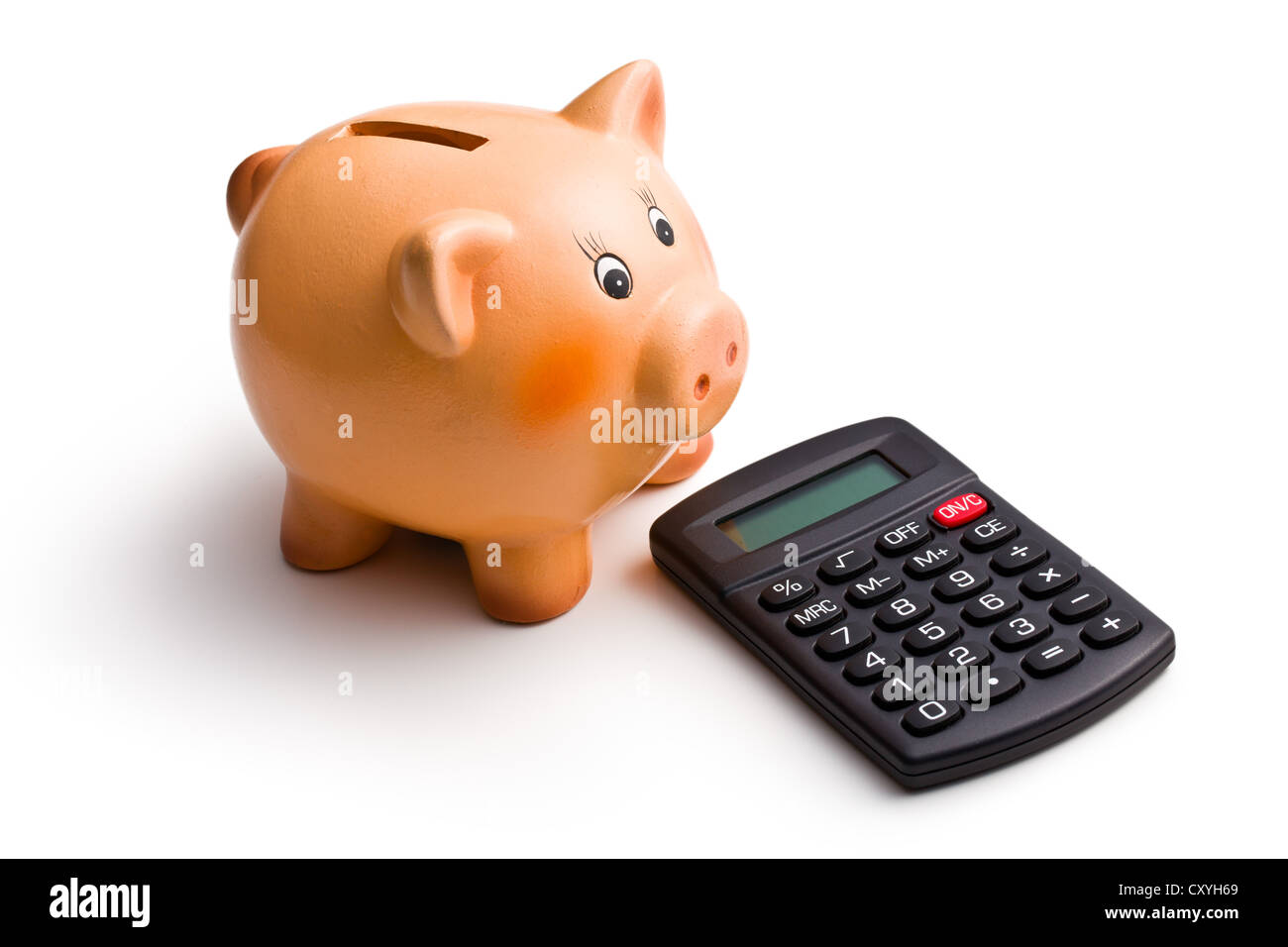 calculator and piggy bank on white background Stock Photo - Alamy