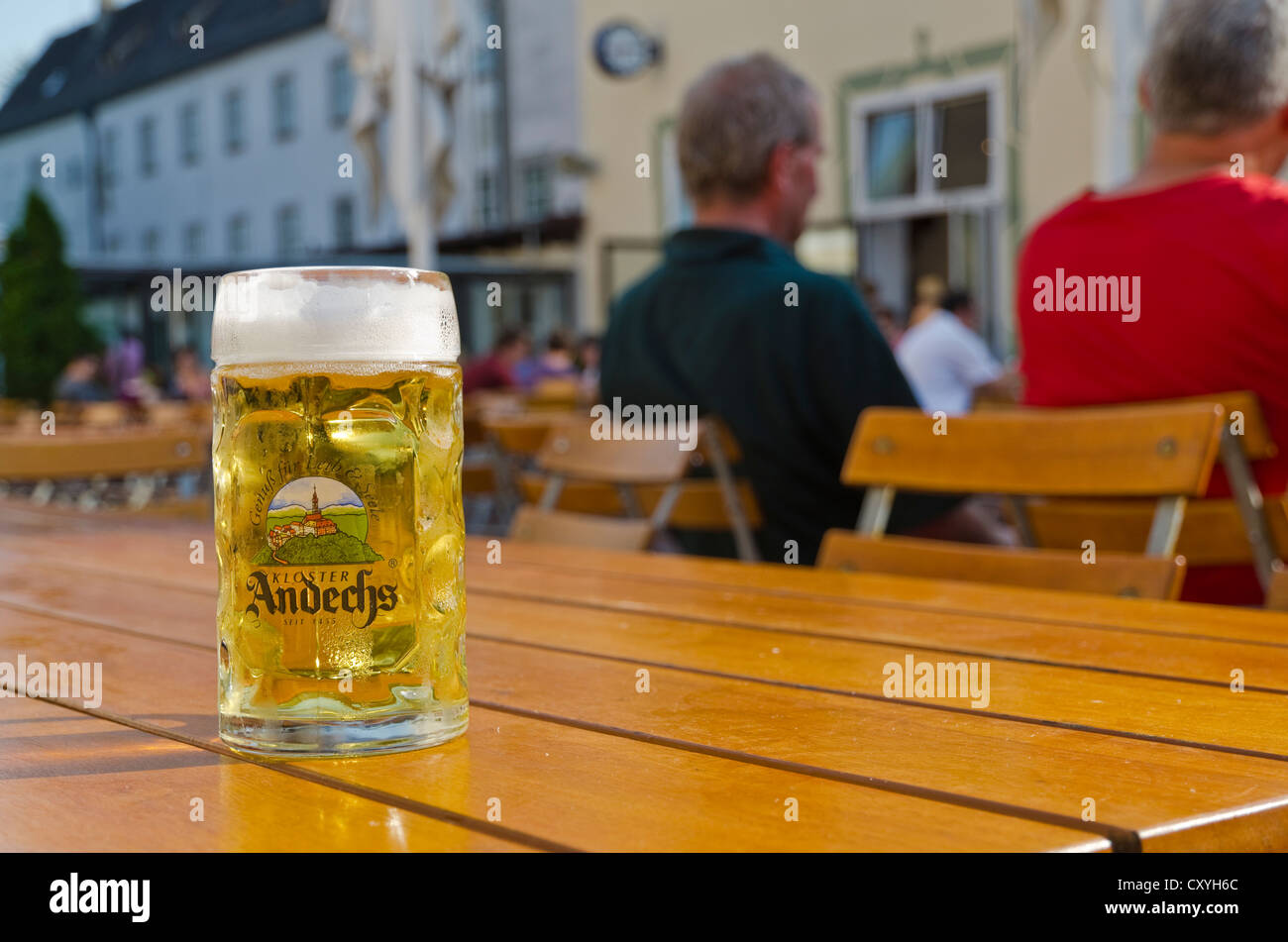 A glass of Andechs Beer on a restaurant table, Andechs, Bavaria Stock Photo