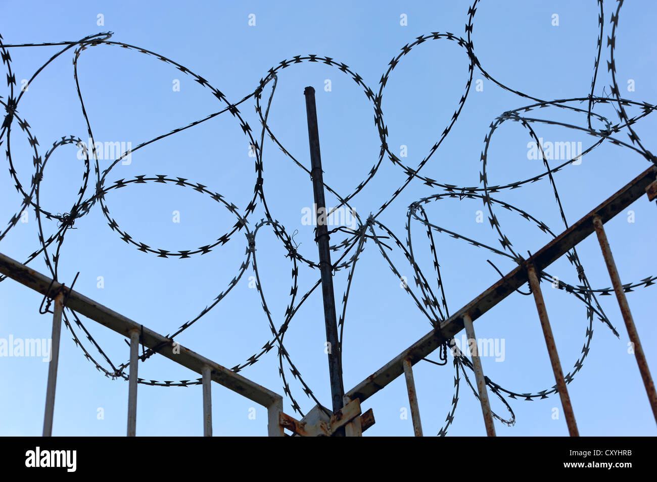 Barbed wire with fence against the sky Stock Photo - Alamy