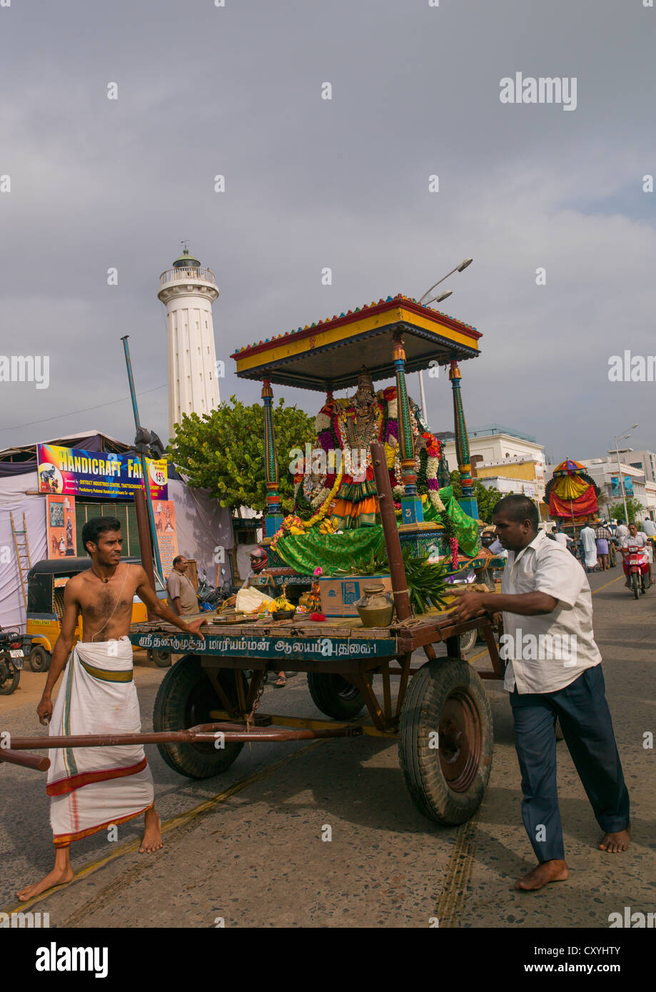 Men Pulling A Float Carrying The Statue Of A Hindu Deity During Masi Magam Festival, Pondicherry