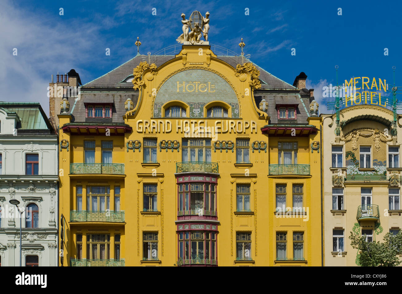 Facade of Hotel Europa, one of the famous old hotels on Václavské námestí, Wenceslas Square, Prague, Czech Republic, Europe Stock Photo