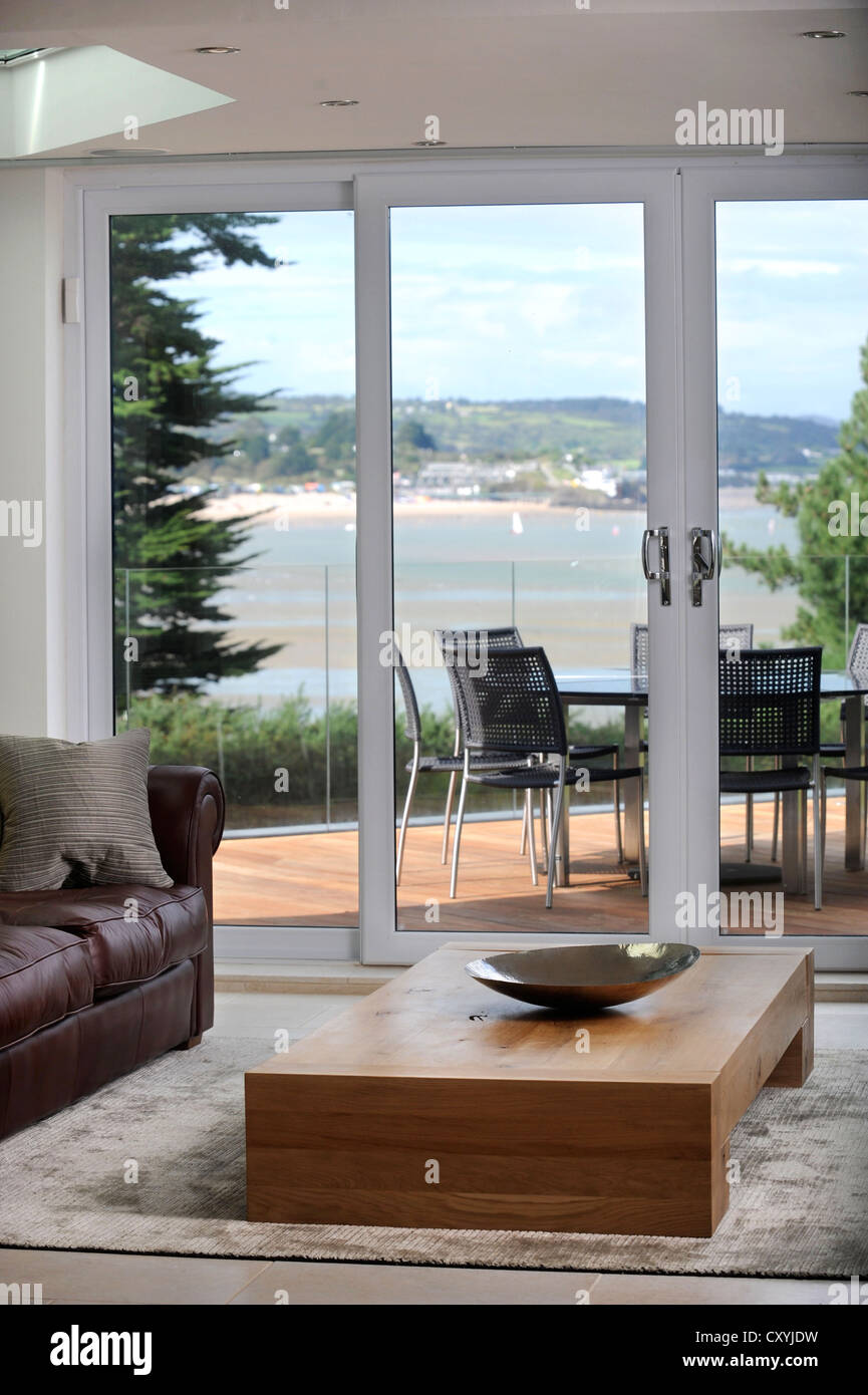 The lounge of a luxury holiday home near Abersoch on the Lleyn Peninsula in North Wales UK Stock Photo