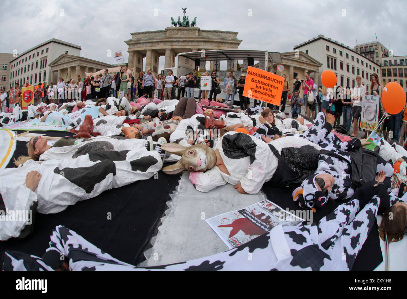 Die-in action at the start of the veggie parade, vegans and vegetarians protesting under the slogan eat peace for a diet without Stock Photo