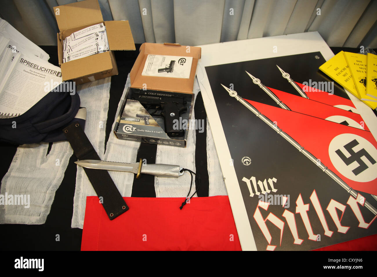 Secured items of the neo-Nazi group Widerstandsbewegung in Suedbrandenburg, priorly banned in Brandenburg, are being presented Stock Photo