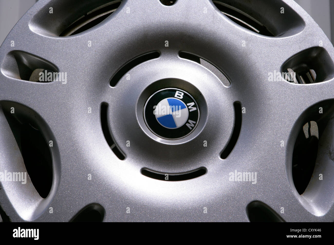 BMW logo on a silver wheel rim Stock Photo