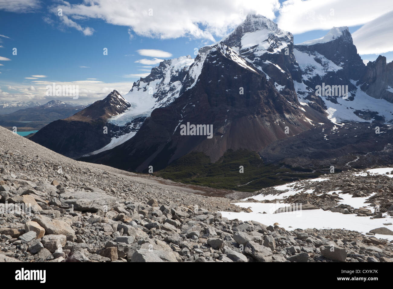 View of the snow-capped Cordilera Paine Grande mountain, French Valley, Torres del Paine National Park Stock Photo