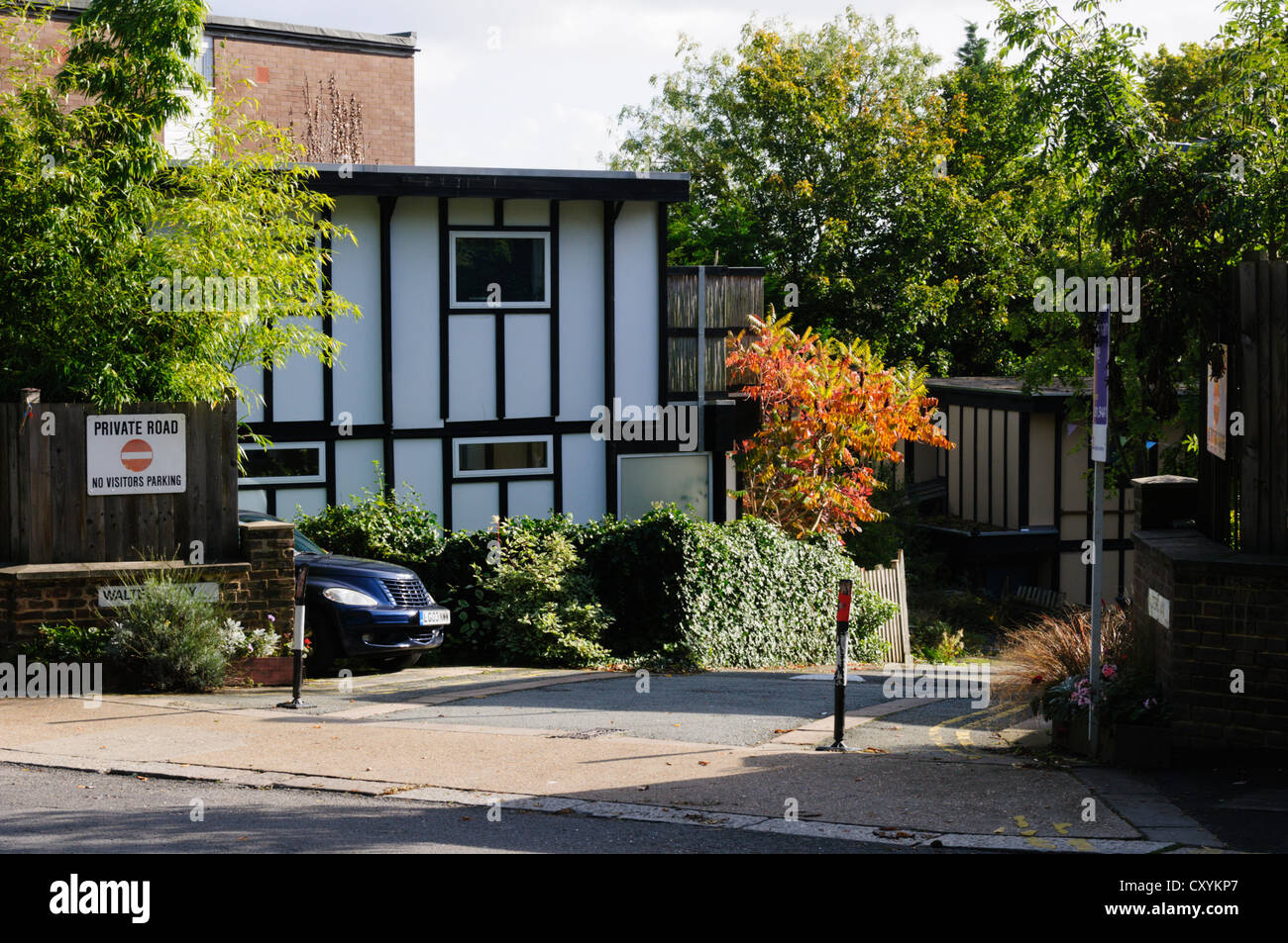 Timber framed houses in Walter Way Lewisham built on the Walter Segal self build method. Stock Photo