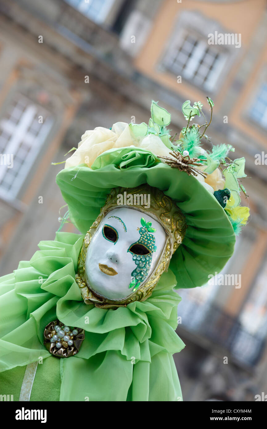 Person wearing a carnival mask, Hallia Venezia, Schwaebisch Hall, Baden-Wuerttemberg Stock Photo