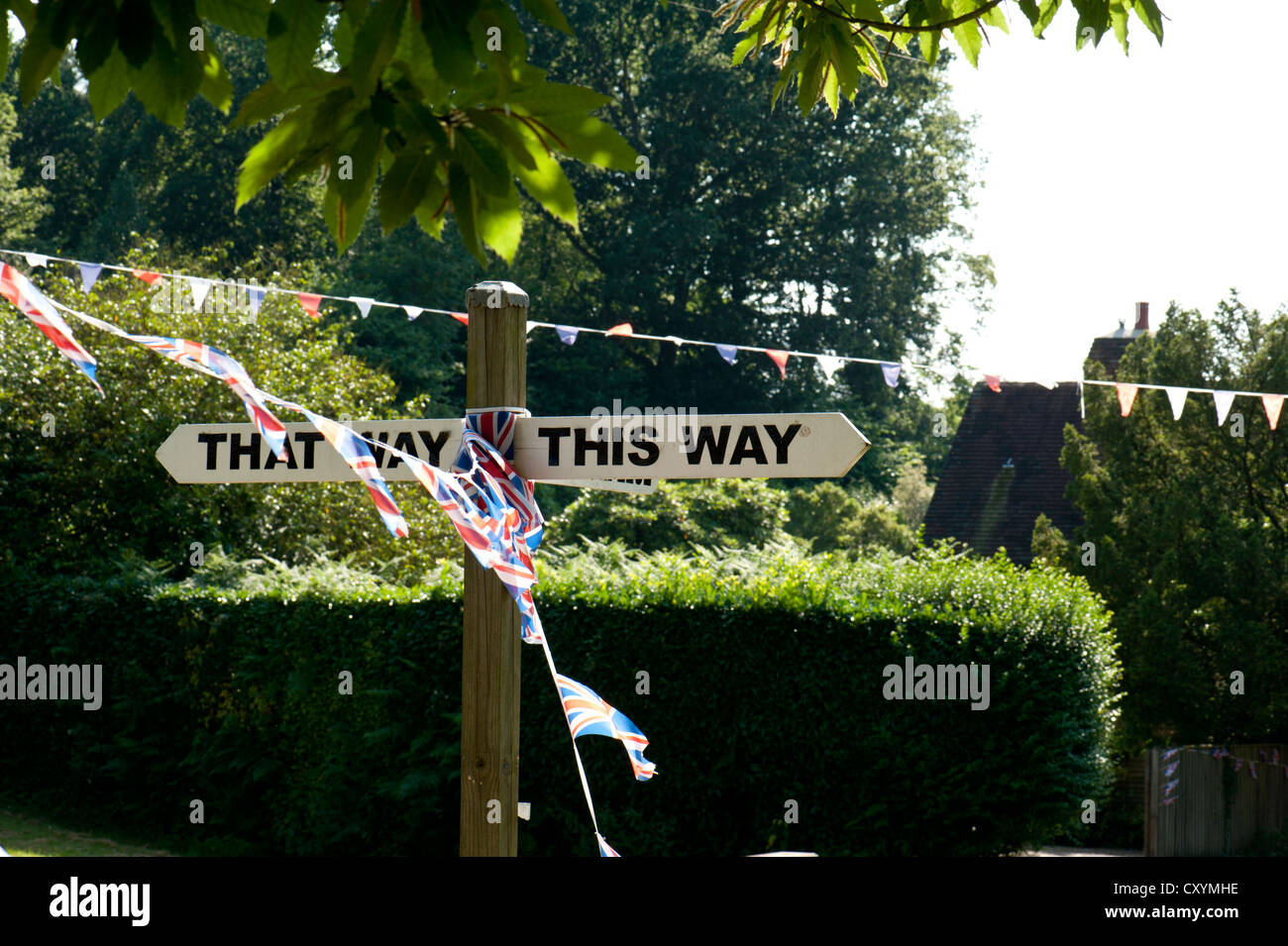 Village signpost showing 'this way and that way', a village joke ...