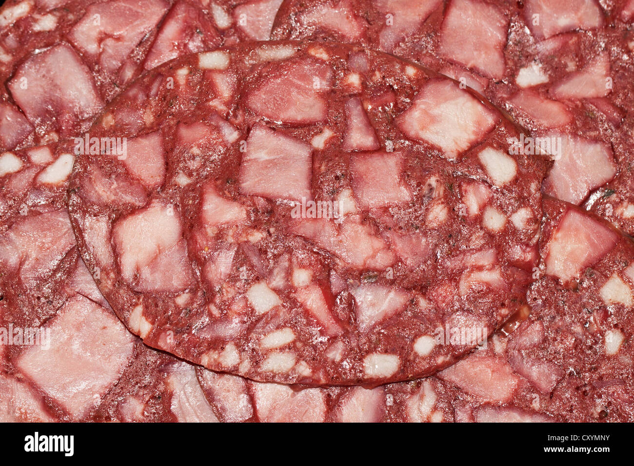 Slice of a sausage, blood sausage, black sausage Stock Photo