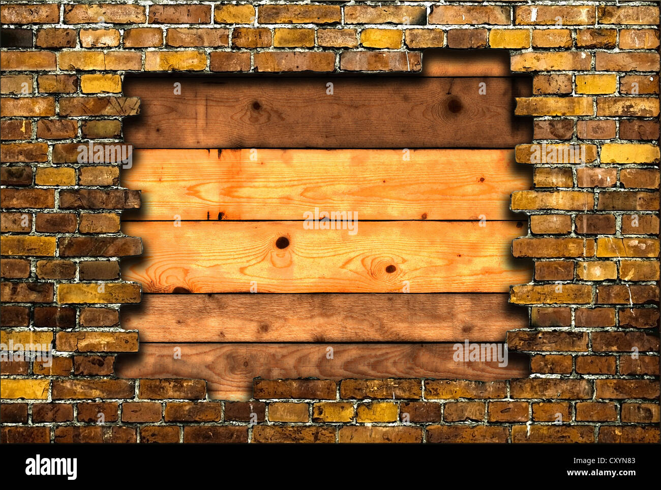 brick frame with background of planks Stock Photo Alamy