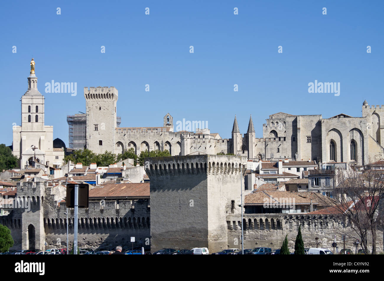 Avignon the ramparts, Papal Palace and the church Notre Dame des Doms Stock Photo